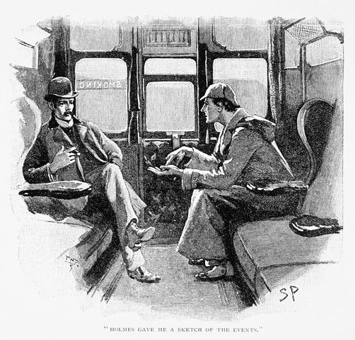 An illustration of Sherlock and Watson in a train carriage